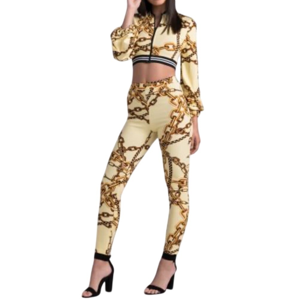 Chain‎ Print Yellow Cropped Jacket & Leggings Set XL Stretch Sexy Hip Hop Club